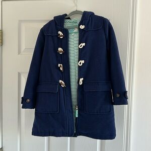 Mini Boden navy blue toggle and zipper peacoat with hood, size 7-8
